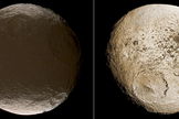 These two global images of Iapetus show the extreme brightness dichotomy on the surface of this peculiar Saturnian moon. The left-hand panel shows the moon's leading hemisphere and the right-hand panel shows the moon's trailing side. Image published Dec. 10, 2009.
