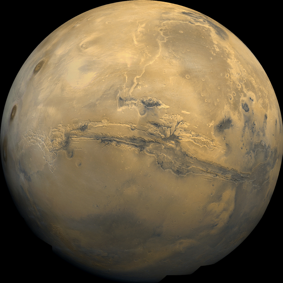 A mosaic of images taken by Viking 1 centers on Valles Marineris.