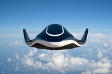This artist's illustration shows the Swiss Space Systems unmanned SOAR space plane gliding back to its spaceport after launching a small satellite.