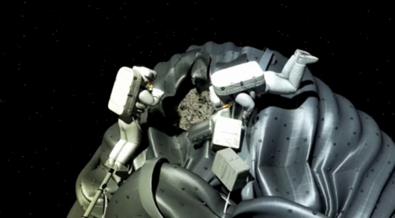 Two Astronauts on Spacewalk During Asteroid Capture Mission
