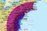 This map by Orbital Sciences Corp. shows the launch visibility possibilities for Orbital's Antares rocket on April 20, 2013. The rocket will launch from NASA's Wallops Flight Facility on Wallops Island, Va.