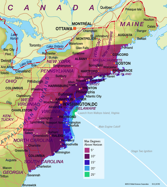 This map by Orbital Sciences Corp. shows the launch visibility possibilities for Orbital's Antares rocket on April 20, 2013. The rocket will launch from NASA's Wallops Flight Facility on Wallops Island, Va.