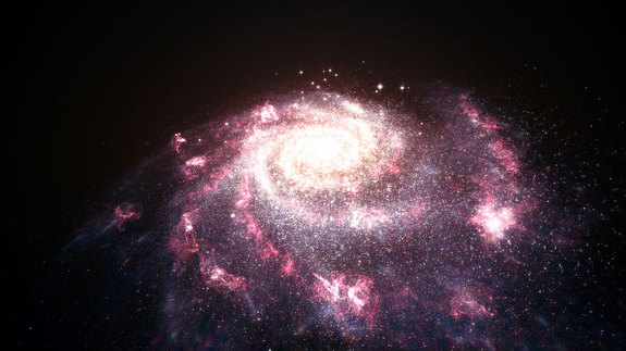 This illustration, based on data from the Hubble Space Telescope, shows the messy, chaotic halo surrounding an active galaxy undergoing bursts of star formation. Image released April 25, 2013.