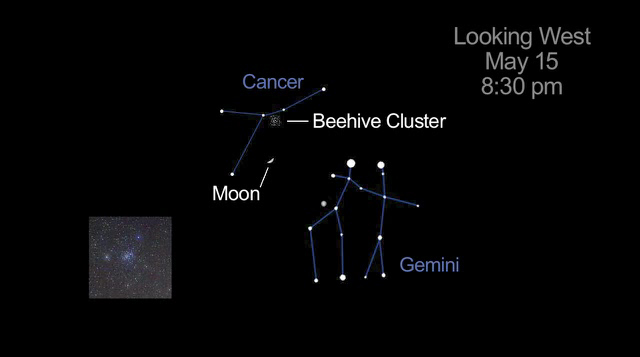 Cancer and Gemini in Relation to Moon and Beehive Cluster on May 15, 2013.