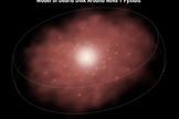 This illustration shows a disk of material ejected by an erupting star, called T Pyxidis, or T Pyx. T Pyx is a recurrent nova, erupting every 12 to 50 years and ejecting material that has formed the disk around the bright star. The disk is full of clumps of material that have comet-like tails pointing away from the star.