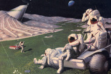 Future space travelers may bring familiar elements of Earth life with them, as envisioned in this illustration of astronauts golfing on the moon.