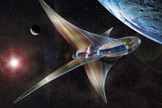 An artist’s illustration of a futuristic spacecraft predicts humanity’s future in the cosmos.