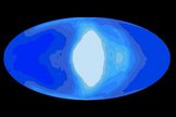 This illustration shows simulated cloud coverage (white) on a tidally locked planet (blue) that would be orbiting a red dwarf star.