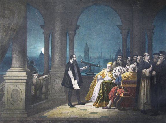 A 1754 painting by H.J. Detouche shows Galileo Galilei displaying his telescope to Leonardo Donato and the Venetian Senate.