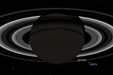 This simulated view from NASA's Cassini spacecraft shows the expected positions of Saturn and Earth on July 19, 2013, around the time Cassini will take Earth's picture. Cassini will be about 898 million miles (1.44 billion kilometers) away from Earth at the time. That distance is nearly 10 times the distance from the sun to Earth.