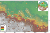 Overview map showing the location of an ancient river delta (star) within Mars' Aeolis Dorsa region, which is found along the boundary between the Red Planet's cratered southern highlands and smooth northern lowlands.