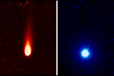 These images from NASA's Spitzer Space Telescope of Comet ISON were taken on June 13, 2013, when ISON was 312 million miles (502 million kilometers) from the sun. The lefthand image shows a tail of fine rocky dust issuing from the comet, blown back by the pressure of sunlight. The image at right shows a neutral gas atmosphere surrounding ISON, likely created by carbon dioxide fizzing off the comet at a rate of 2.2 million pounds per day.