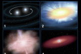 This sequence illustrates a model for the formation of a short-duration gamma-ray burst to become a powerful kilonova explosion. Here, two neutron stars circle one another and ultimately collide to kick out highly radioactive material. This material heats up and expands, emitting a burst of light called a kilonova. An accompanying gamma-ray burst lasts just one-tenth of a second, but is 100 billion times brighter than the kilonova flash. Image released Aug. 3, 2013.