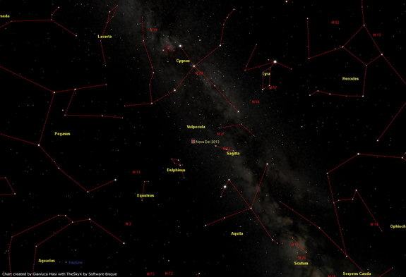 The location of the star explosion Nova Delphini 2013 is seen in the Delphinus constellation (the Dolphin). This photo is by astrophysicist Gianluca Masi of the Virtual Telescope project. The nova was discovered by Japanese astronomer Koichi Itagaki of Yamagata, Japan. Image released August 14, 2013.