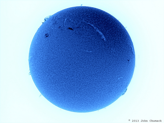John Chumack took this photo processed in blue of a solar filament. The photo was taken from his backyard in Dayton, Ohio on Aug. 11, 2013.
