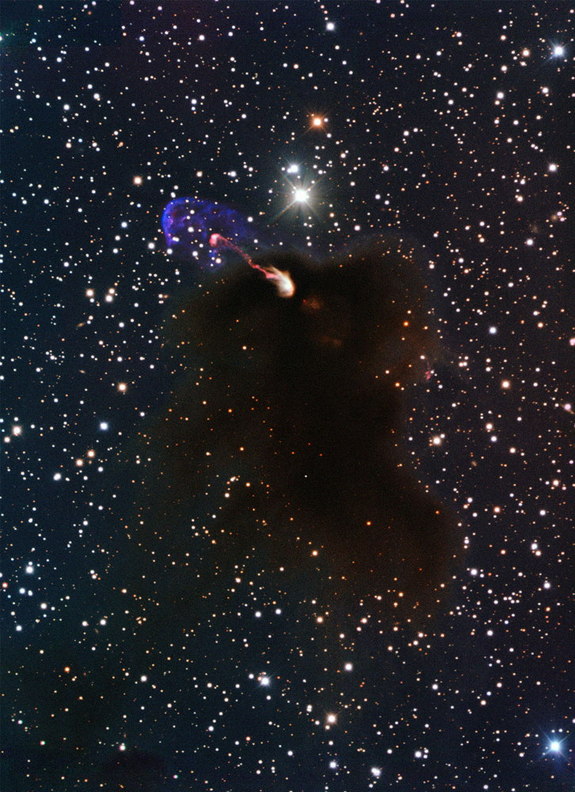 This image from ESO's New Technology Telescope at the La Silla Observatory in Chile shows the Herbig-Haro object HH 46/47 as jets emerging from a star-forming dark cloud. This object was the target of a study using ALMA during the Early Science phase.