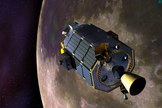An artist's concept of NASA's Lunar Atmosphere and Dust Environment Explorer (LADEE) spacecraft orbiting the moon and preparing to fire its maneuvering thrusters to maintain a safe orbital altitude. Image released August 15, 2013.