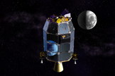 This is an artist's depiction of NASA's Lunar Atmosphere and Dust Environment Explorer (LADEE) observatory in space with the moon in the distance. Image released July 23, 2013.