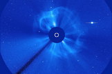 The SOHO LASCO C3 instrument captured this coronographic image of the Earth-directed CME. Notice how the CME appears as a halo around the sun. This is indicative of an Earth-directed event. Image obtained August 20, 2013.