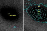 A Magellan Adaptive Optics image of Orion 218-354 silhouette after removal of light from the central star. The image on the left shows the dark silhouette of the disk against the bright background light of the Orion nebula. The image on the right shows how the new capabilities allowed astronomers to probe of nebular light passing through the disk, telling them about the distribution of gas and dust. Image released Aug. 20, 2013.
