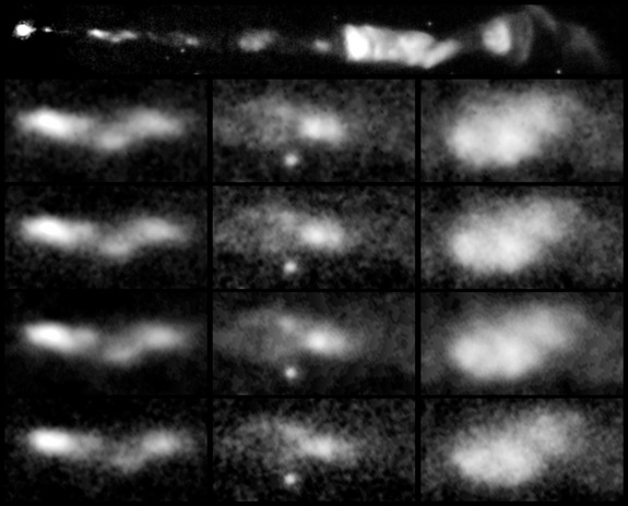 This sequence of images, taken over a 13-year span by NASA's Hubble Space Telescope, reveals changes in a black-hole-powered jet of hot gas in the giant elliptical galaxy M87.