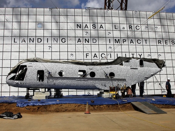 NASA's Langley Research Center engineers are scheduled to crash test a former Marine helicopter at the historic Landing and Impact Research facility. The fuselage is painted in black polka dots as part of a high speed photographic technique.