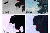 These panels show satellite imagery of Vanderford Glacier, Wilkes Land, East Antarctica.