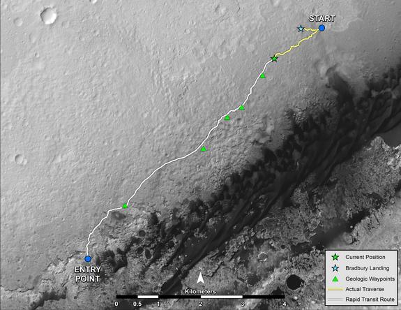 NASA's Mars rover Curiosity left the "Glenelg" area on July 4, 2013, for the base of Mount Sharp. As of Aug. 27, 2013, Curiosity had driven about 0.86 mile since leaving Glenelg, with about 4.46 miles remaining to get to the entry point