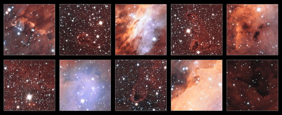 This collection of excerpts shows close-up views of some of the features in the glowing jumble of gas clouds making up a huge stellar nursery nicknamed the Prawn Nebula. Taken using the VLT Survey Telescope at ESO’s Paranal Observatory in Chile, this may be the sharpest picture taken of this object. Image released Sept. 18, 2013.