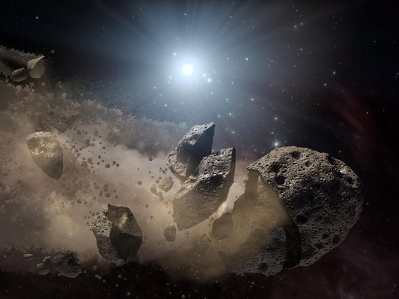 An artist's illustration of an asteroid breaking apart in space.