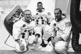 Apollo 8 crew members Frank Borman (left), Bill Anders and Jim Lovell, posing outside their command module in 1968.