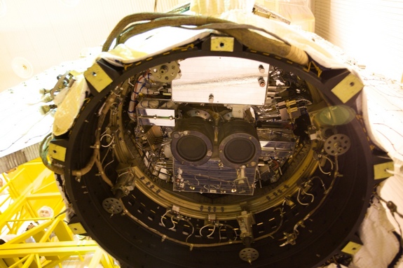 View of the ion thrusters used on the European Space Agency's GOCE gravity mapping satellite.