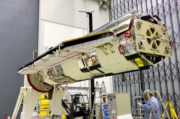 The European Space Agency's GOCE is shown here positioned horizontally at test facilities in the Netherlands prior to its launch in 2009.