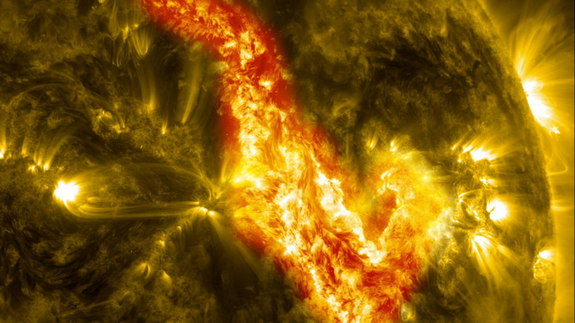 A magnetic filament of solar material erupted on the sun in late September, breaking the quiet conditions. Image acquired Sept. 29-30, 2013 by the Solar Dynamics Observatory. NASA officials dubbed the solar view a 'canyon of fire' on the sun.