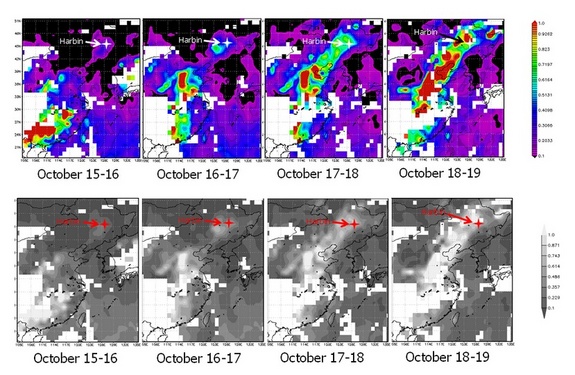 On the top, areas with more red indicate more pollution. On bottom, pollution appears lighter.