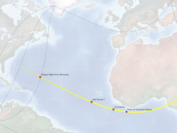 This map of the Nov. 3, 2013 solar eclipse shows the path of totality and the locations of chase planes and ships to observe the event. This map was created by cartographer Michael Zeiler of <a href="http://eclipse-maps.com/">Eclipse-Maps.com</a>.