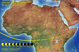 This map of the Nov. 3, 2013 solar eclipse shows the path of totality and percentage of sun coverage by the moon across Africa. Cartographer Michael Zeiler of <a href="http://eclipse-maps.com/">Eclipse-Maps.com</a>.