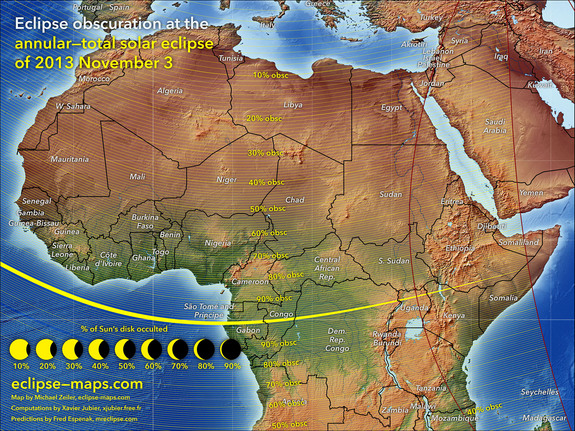 This map of the Nov. 3, 2013 solar eclipse shows the path of totality and percentage of sun coverage by the moon across Africa. Cartographer Michael Zeiler of <a href="http://eclipse-maps.com/">Eclipse-Maps.com</a>.