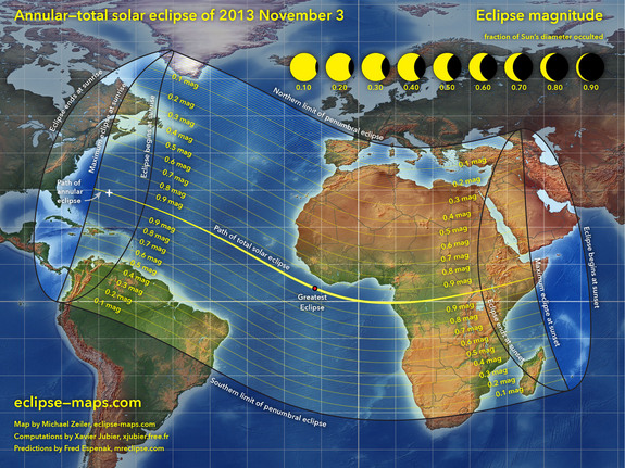This overview map of the Nov. 3, 2013 annular and total solar eclipse, a hybrid solar eclipse, shows the path of the event. Cartographer Michael Zeiler of <a href="http://eclipse-maps.com/">Eclipse-Maps.com</a> created this map.