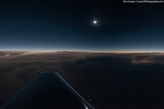 Veteran space photographer Ben Cooper captured this spectacular aerial view of the 2013 total solar eclipse from an eclipse-chasing airplane during the rare hybrid solar eclipse of Nov. 3, 2013. The photo was taken from 43,000 feet over the Atlantic Ocean aboard a 12-person Falcon 900B jet chartered from Bermuda.