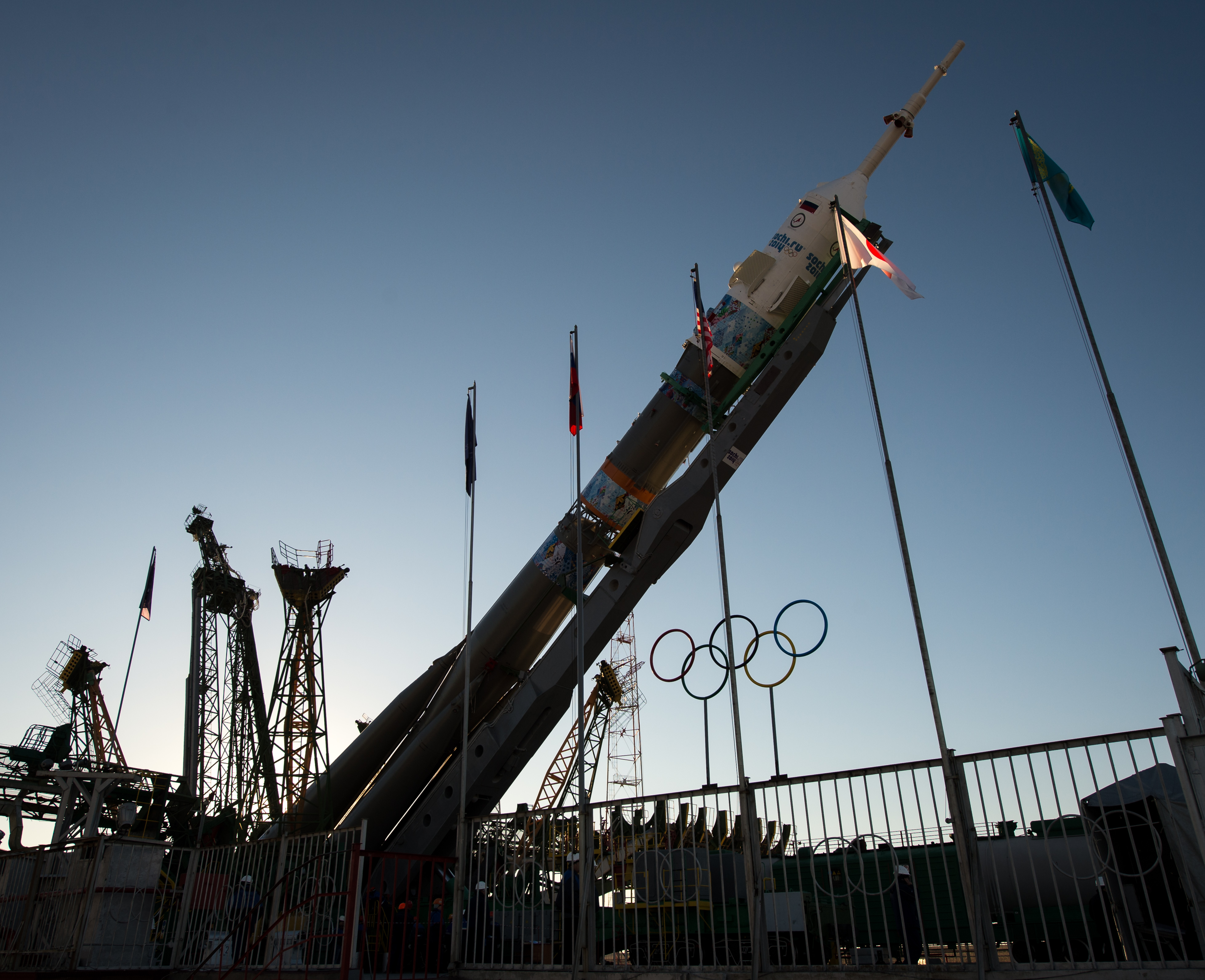 Soyuz Rocket Erected Next to Olympic Rings
