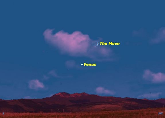 Wednesday November 6, the Moon passes just north of the planet Venus, making a pretty pair in the southwestern sky.