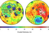 A new study suggests that the side of the moon that faces Earth (left) plays host to larger basins than the far side (right) because of the crust's composition.