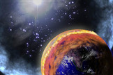 Artist's depiction of a nearby Gamma Ray Burst impact with Earth. A brown cloud of nitrogen dioxide forms as a result of the high-energy photons interacting with the air.