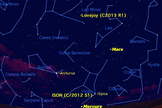 An hour before sunrise on Monday morning, November 18, catch a sight of the elusive planet Mercury, with brightening Comets ISON and Lovejoy as a bonus.