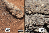 In 2013, NASA's Mars Curiosity rover found evidence of an ancient streambed. At left are the rocks it observed, compared with analogs on Earth.