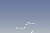 Where to look for Comet ISON low in early dawn on the morning of November 24th. Mercury and Saturn will be much brighter; start with them to find the spot to examine for the comet with binoculars. (The comet symbol is exaggerated.) For scale, this scene is about twice as wide as your fist held at arm's length.