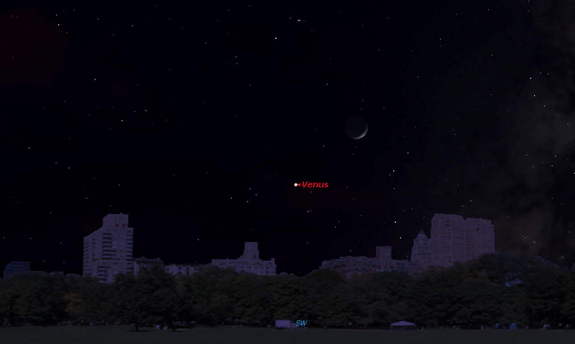 This sky map shows the location of the Venus and the moon in the evening sky at 6 p.m. local time on Dec. 5, 2013 as viewed from mid-northern latitudes.