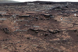 Mastcam mosaic of the Yellowknife Bay formation. This is a view from the base of an exposed section up through Sheepbed, Gillespie Lake, and basal Glenelg members. Locations of drill holes and Alpha Particle X-Ray Spectrometer (A PXS) measurements are shown. Image released Dec. 9, 2013.