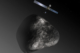 An artist's impression of the Rosetta orbiter deploying the Philae lander to comet 67P/Churyumov–Gerasimenko in 2014.